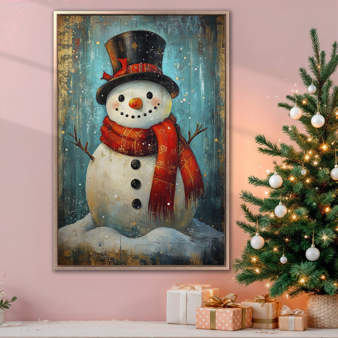 Framed Wall Art featuring a whimsical snowman in red and blue tones. Perfect Christmas decor!