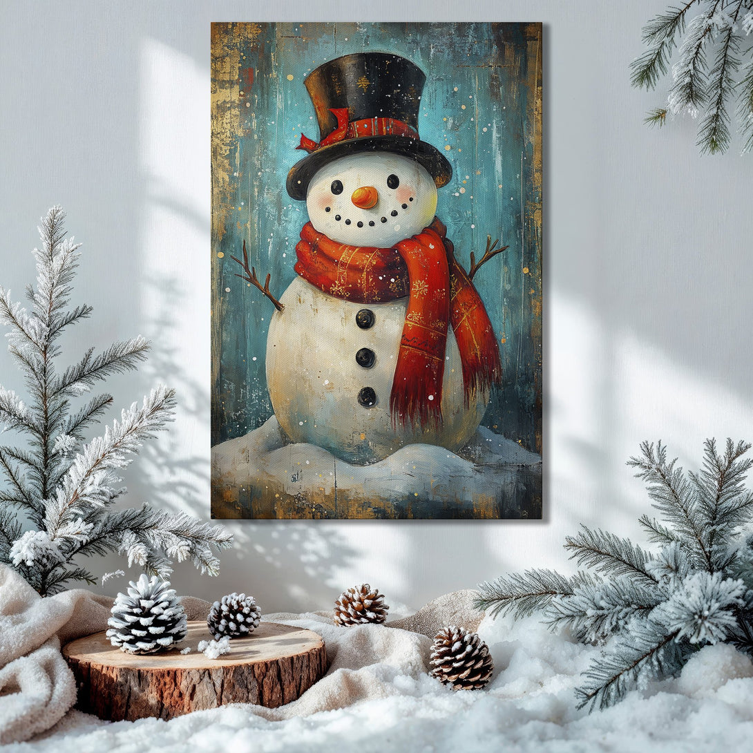 Framed Wall Art featuring a whimsical snowman painting with a blue, red, and gold color palette, perfect for holiday decor.