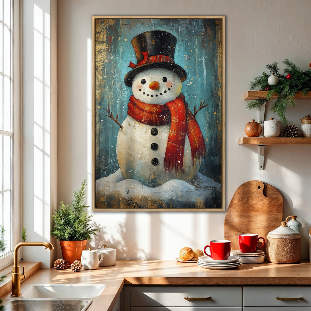 Framed Wall Art: Whimsical snowman illustration with a red scarf, set against a teal and gold background. Perfect for adding festive cheer to your kitchen!