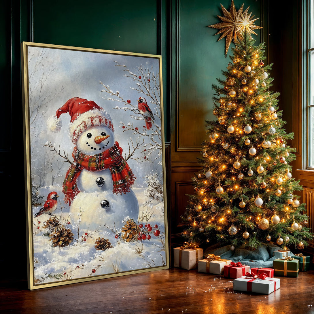 Canvas Print: Whimsical winter scene with a snowman, cardinals, and snowy landscape. Warm reds, greens, and blues create a cozy, festive feel. Perfect holiday decor!