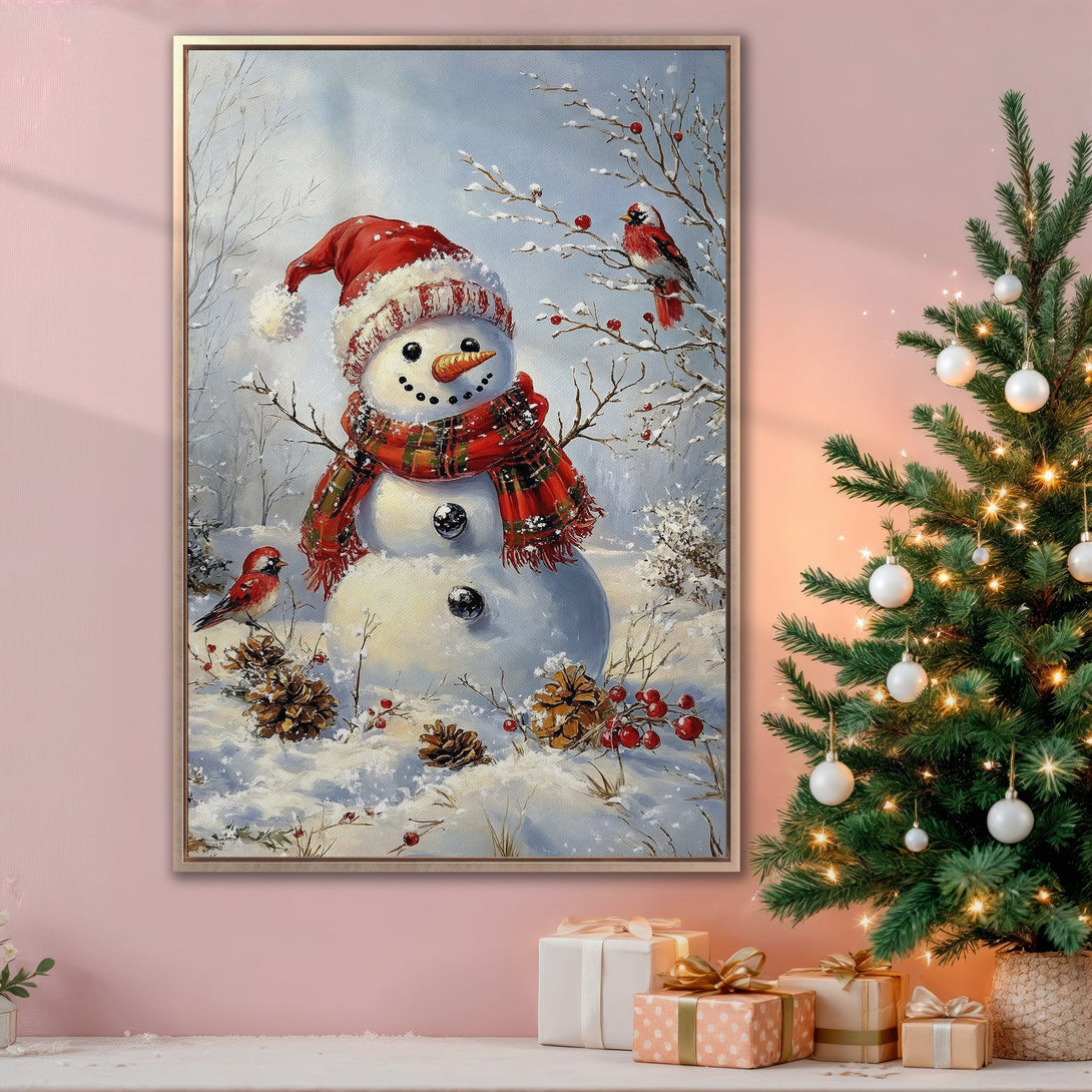 Framed Wall Art: Winter snowman painting with red cardinals, snowy landscape, and warm color palette. Perfect Christmas decor!