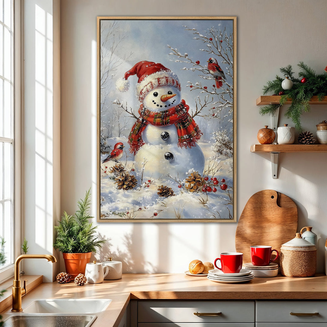 Framed Wall Art featuring a charming snowman in a winter scene. Festive art with a cozy, inviting feel, showcasing a red, white, and blue color palette.