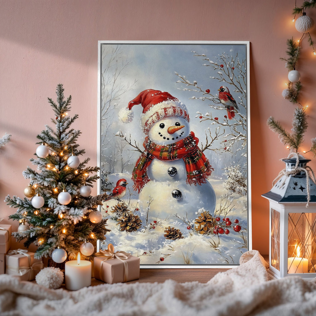 Framed Wall Art: Whimsical snowman painting with a winter scene in a cozy interior. Features a red, white, and blue color palette. Perfect holiday decor!