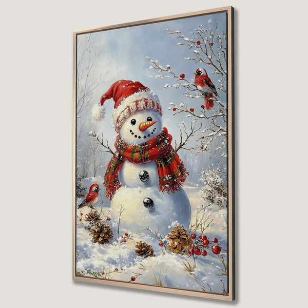 Framed Wall Art: Winter snowman painting with red cardinals, snowy landscape. Perfect Christmas decor, showcasing a blue, red, and white color palette.
