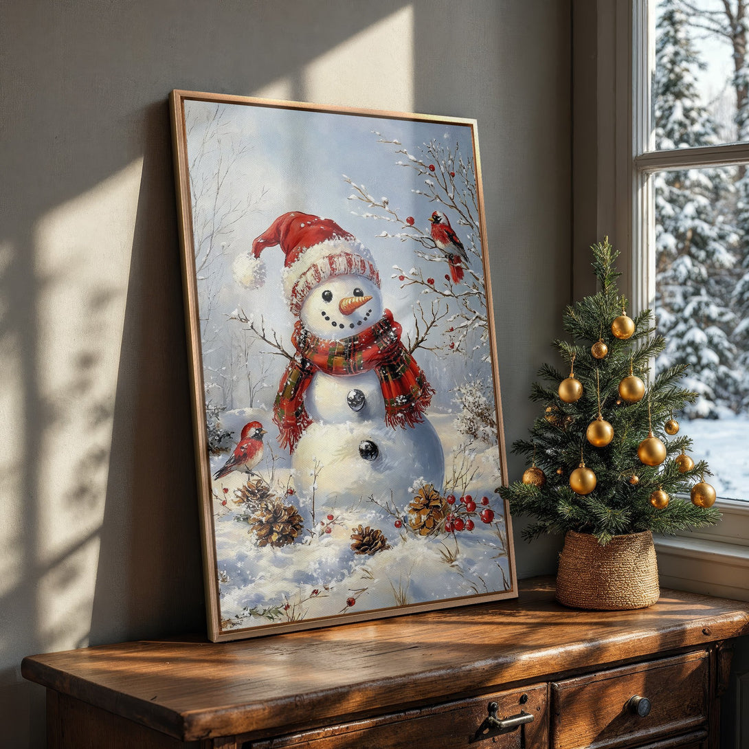 Framed Wall Art: Charming winter snowman painting with red accents. Cozy, inviting art in a rustic style with a blue and red color palette. Perfect holiday decor.