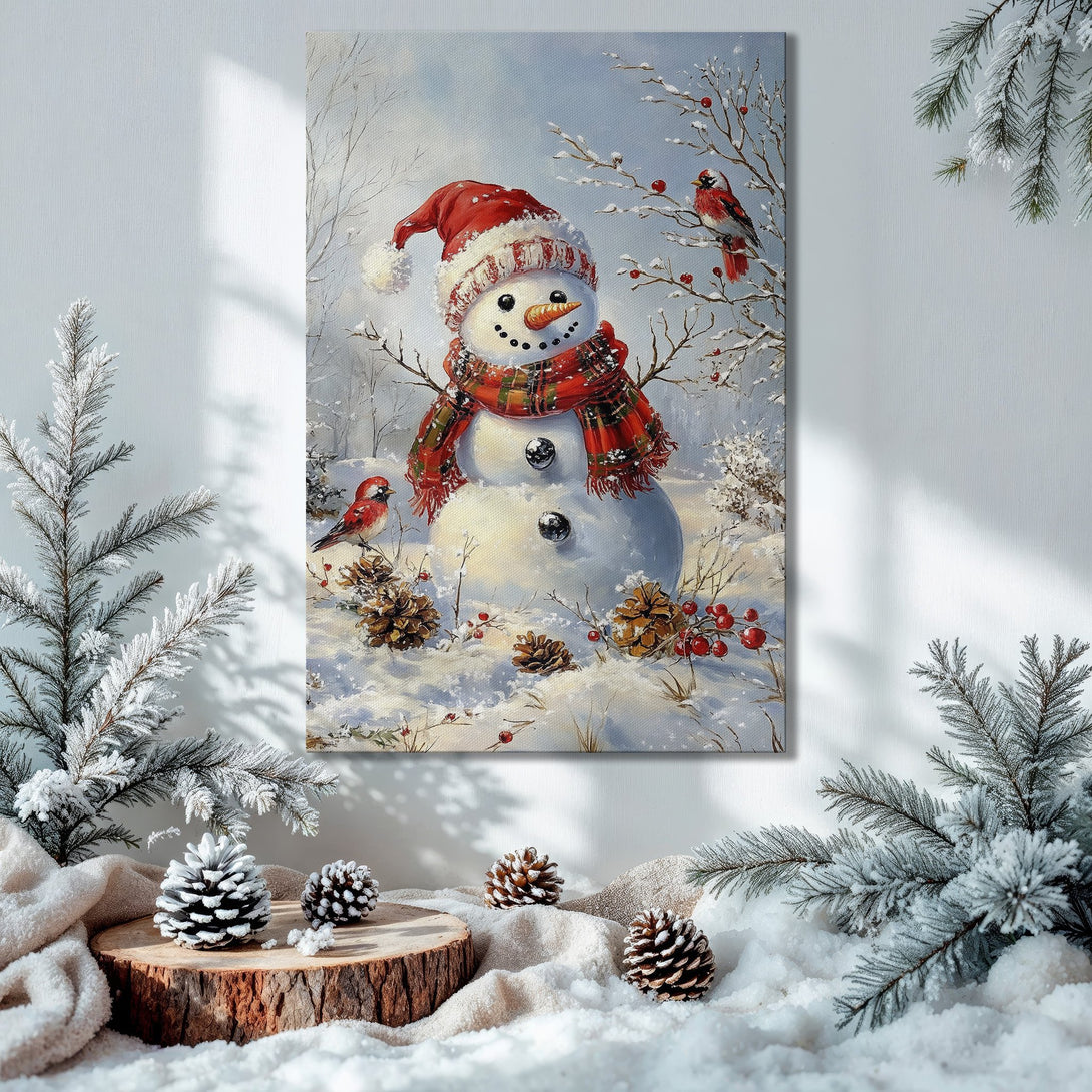 Framed Wall Art: Festive snowman painting with red accents, displayed in a cozy interior. Winter scene with a warm, inviting color palette.