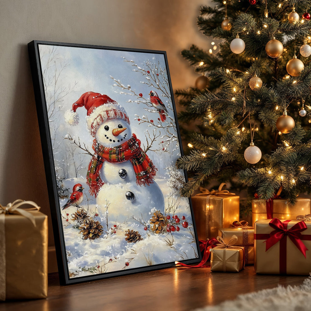Framed Wall Art: Festive snowman painting with red and white accents. Winter scene canvas print with warm gold and cool blue color palette. Perfect holiday decor.