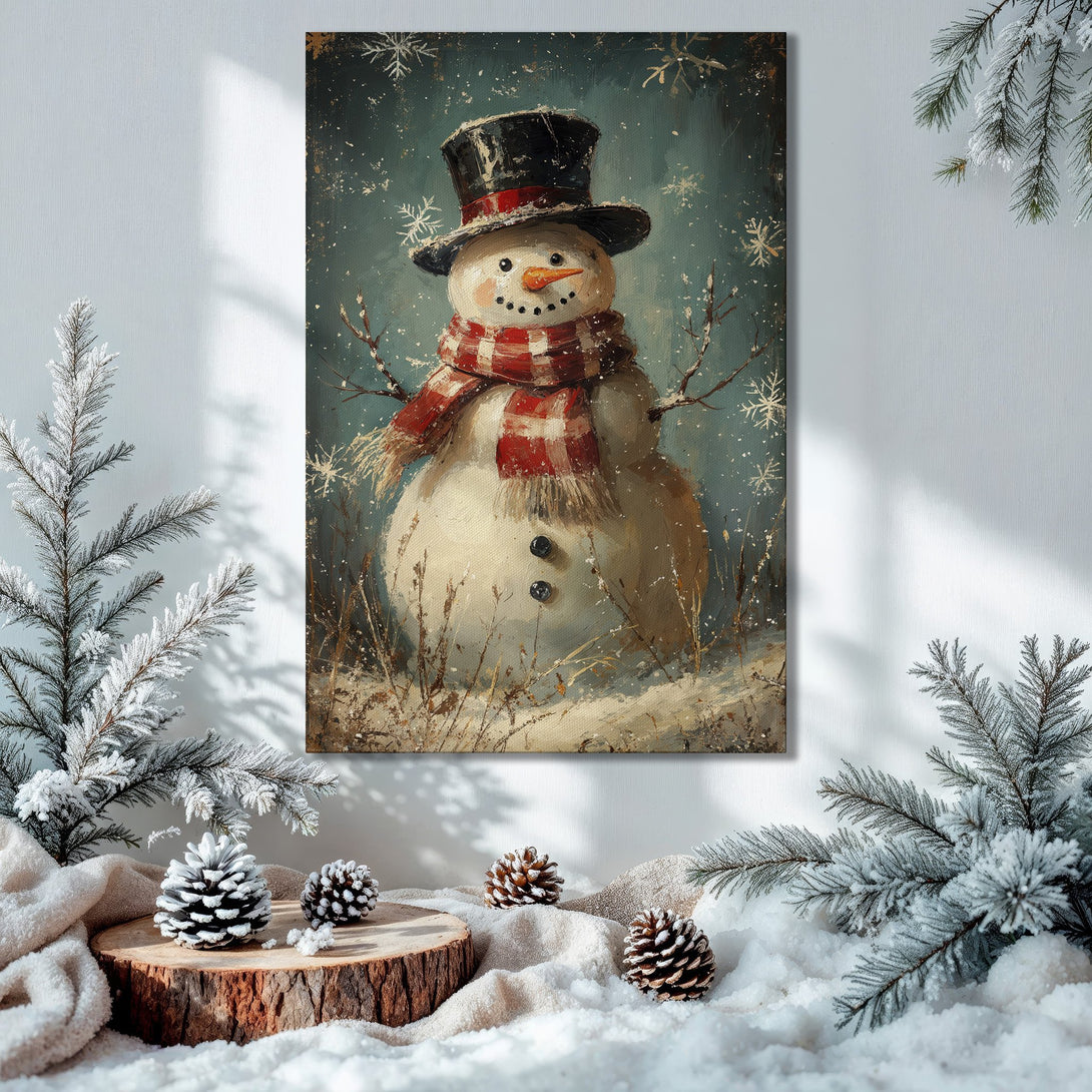 Framed Wall Art: Charming snowman art with a vintage style, featuring a red and blue color palette. Perfect holiday decor!