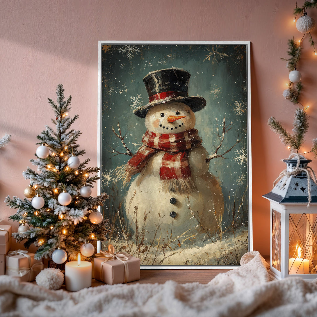 Framed Wall Art: Charming snowman painting in a vintage style, with a teal and red color palette. Perfect for holiday decor!
