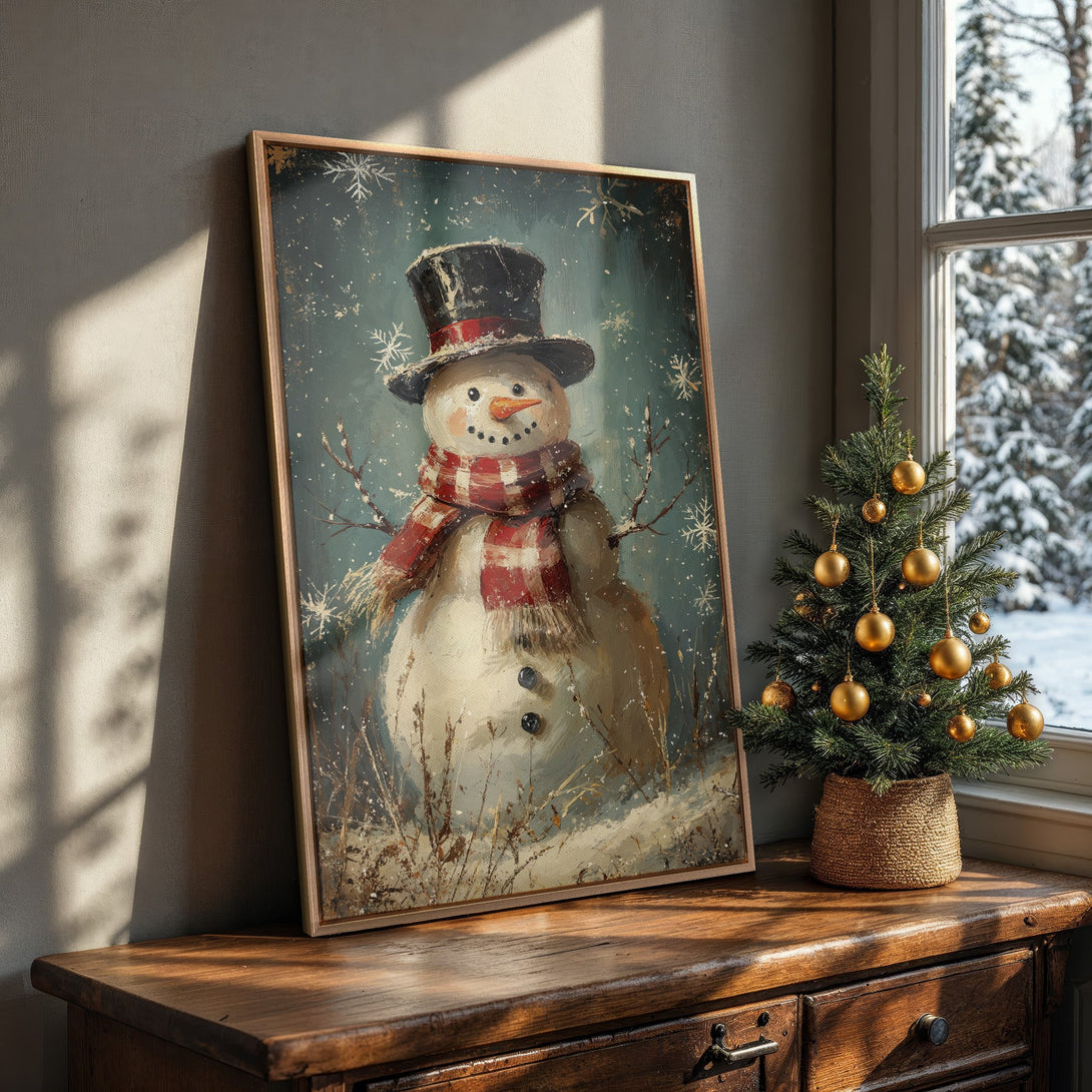 Framed Wall Art featuring a charming snowman painting. Rustic style with a teal, red, and brown color palette, perfect for winter decor. Add holiday cheer to your home!