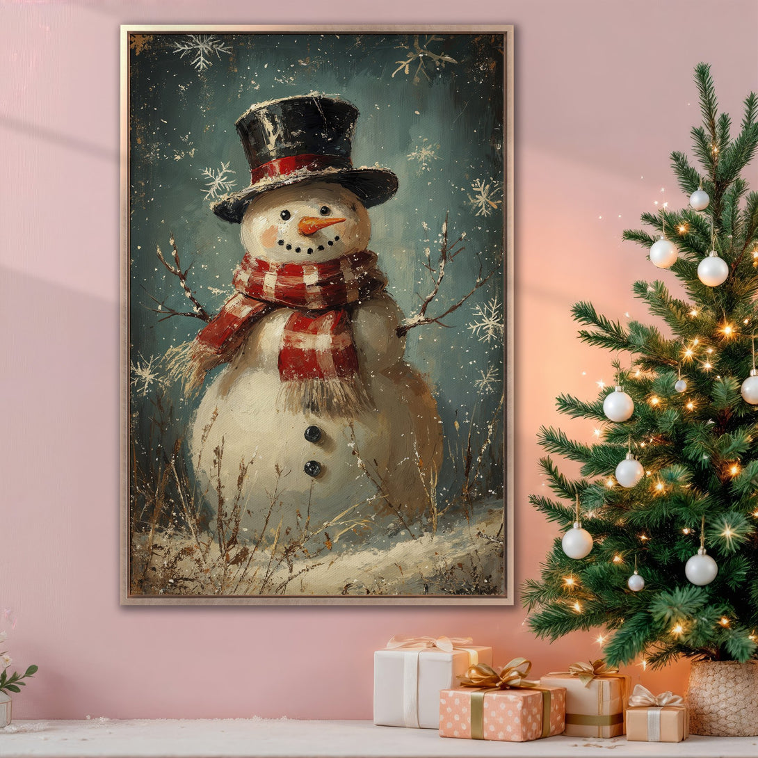 Framed Wall Art featuring a whimsical snowman in a winter scene. Rustic style with a teal, red, and white color palette, perfect for holiday decor.