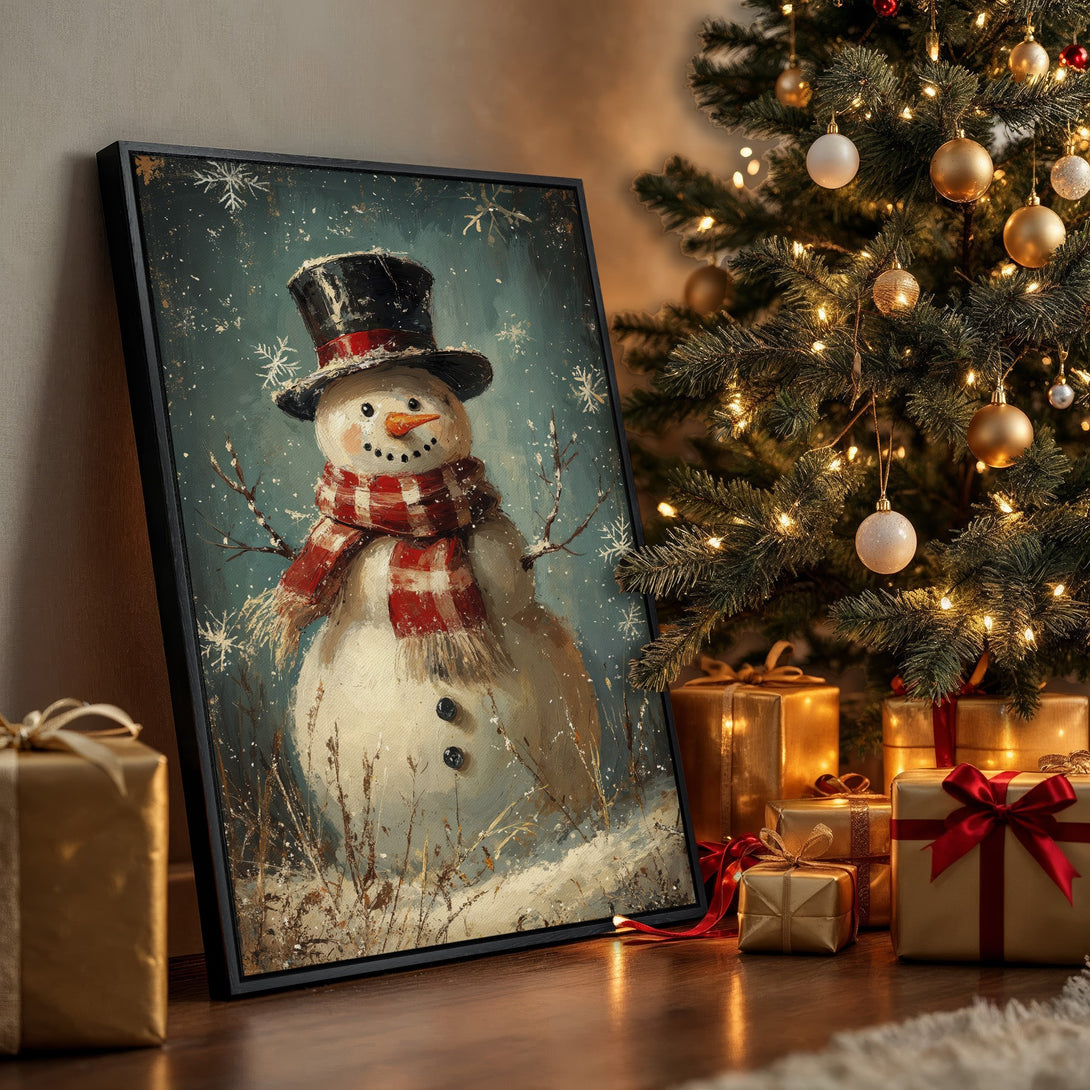 Framed Wall Art: Whimsical snowman painting with a vintage style. Features a teal and cream color palette, perfect for holiday decor.