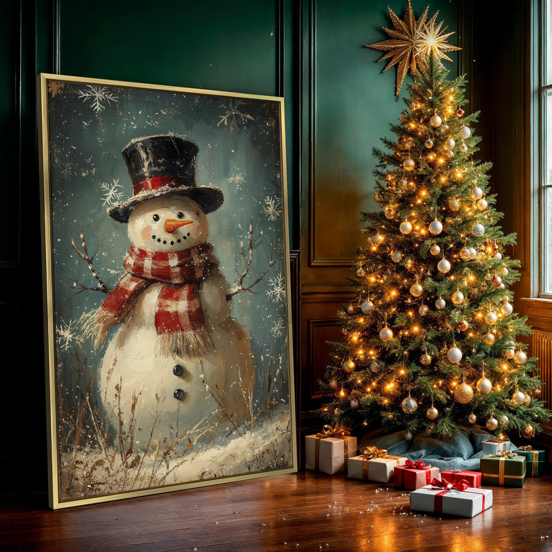 Canvas Print of a charming snowman with a top hat and red scarf, painted in a vintage style with a teal and cream color palette. Perfect winter decor!