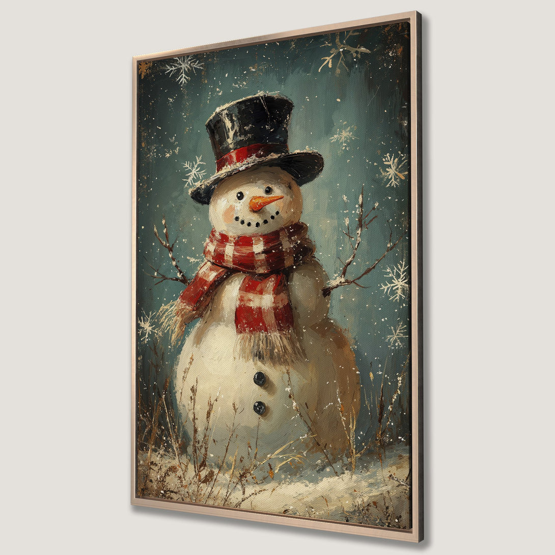 Framed Wall Art featuring a charming snowman in a vintage, painterly style. Winter scene with teal, red, and cream color palette, perfect for holiday decor.