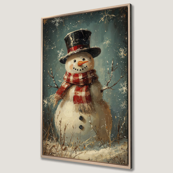 Framed Wall Art featuring a charming snowman in a vintage, painterly style. Winter scene with teal, red, and cream color palette, perfect for holiday decor.