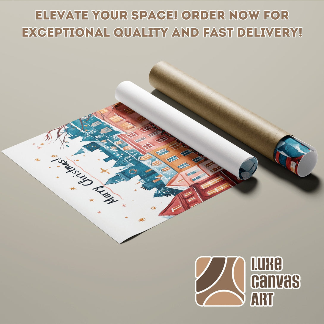 Watercolor Christmas Poster Roll featuring a cityscape in blue, orange, and red hues. Elevate your space!