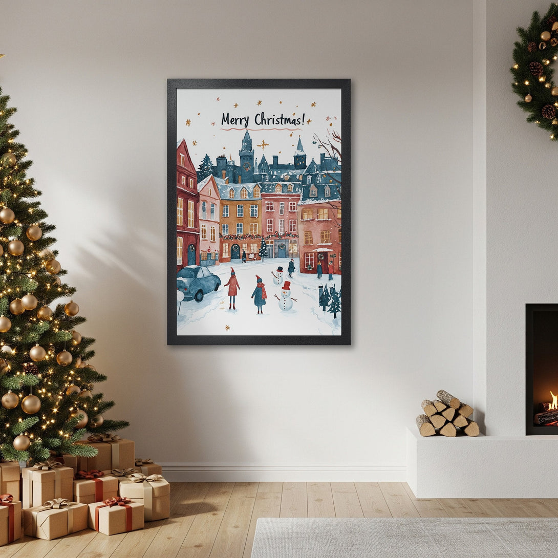 Framed Poster of a watercolor Christmas scene with a snowy town. Warm, inviting color palette. Perfect holiday decor!