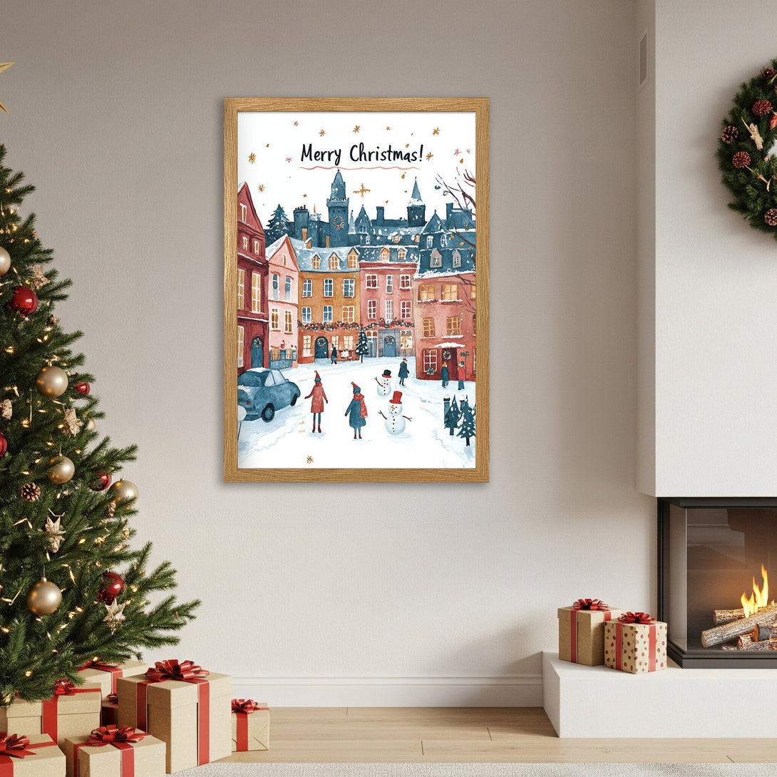 Framed Poster of a charming Christmas town scene. Watercolor style, warm color palette. Perfect holiday decor!
