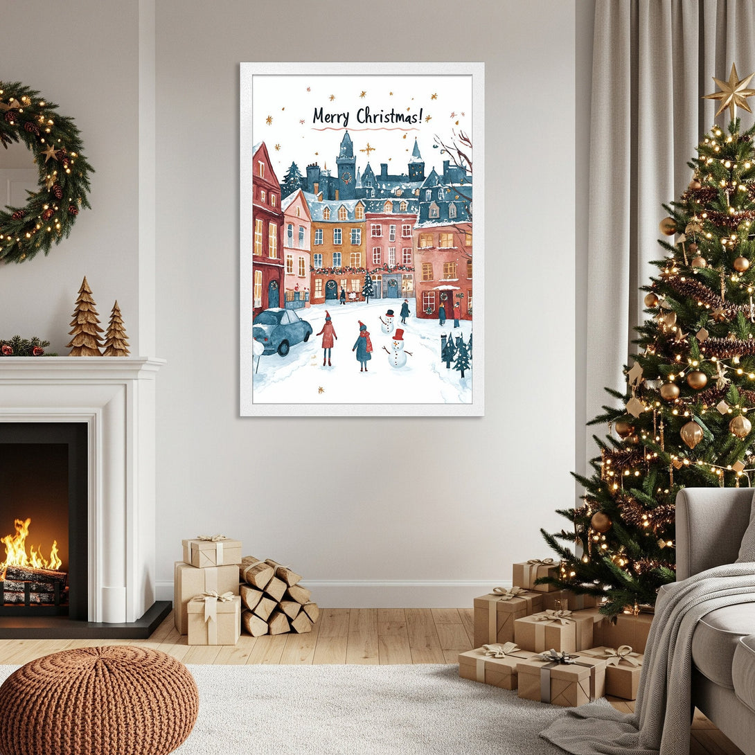 Framed Poster featuring a watercolor Christmas scene with a snowy town, warm colors, perfect holiday home decor.