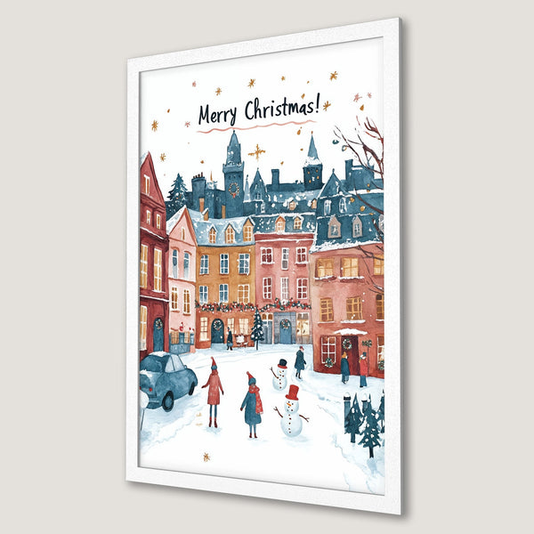 Framed Poster: Watercolor Christmas scene with a snowy town, featuring a warm color palette. Perfect holiday decor!