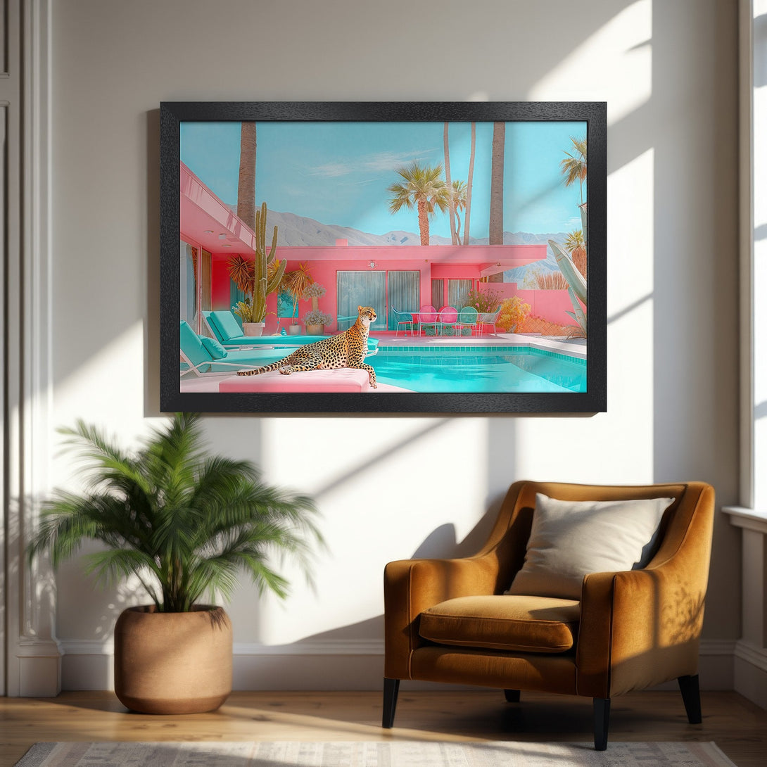 Framed Poster featuring a cheetah by a pool in a retro-modern style with a pink, teal, and turquoise color palette.