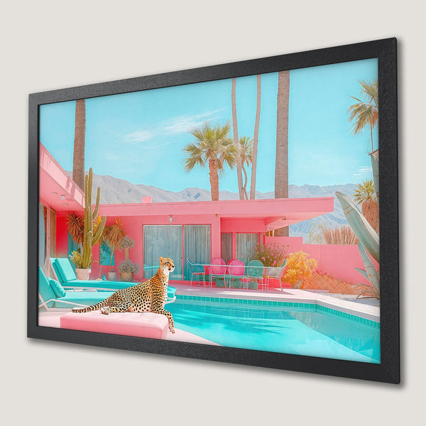 Framed Poster featuring a cheetah by a pool in a retro pink and turquoise scene. Perfect wall art!