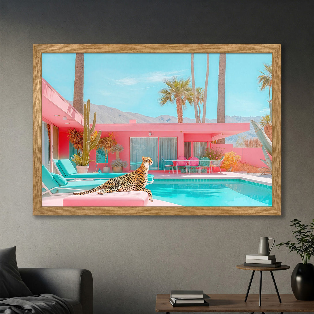 Framed Poster featuring a cheetah by a pink pool. Retro style with a vibrant pink, blue, and turquoise color palette. Perfect wall art!