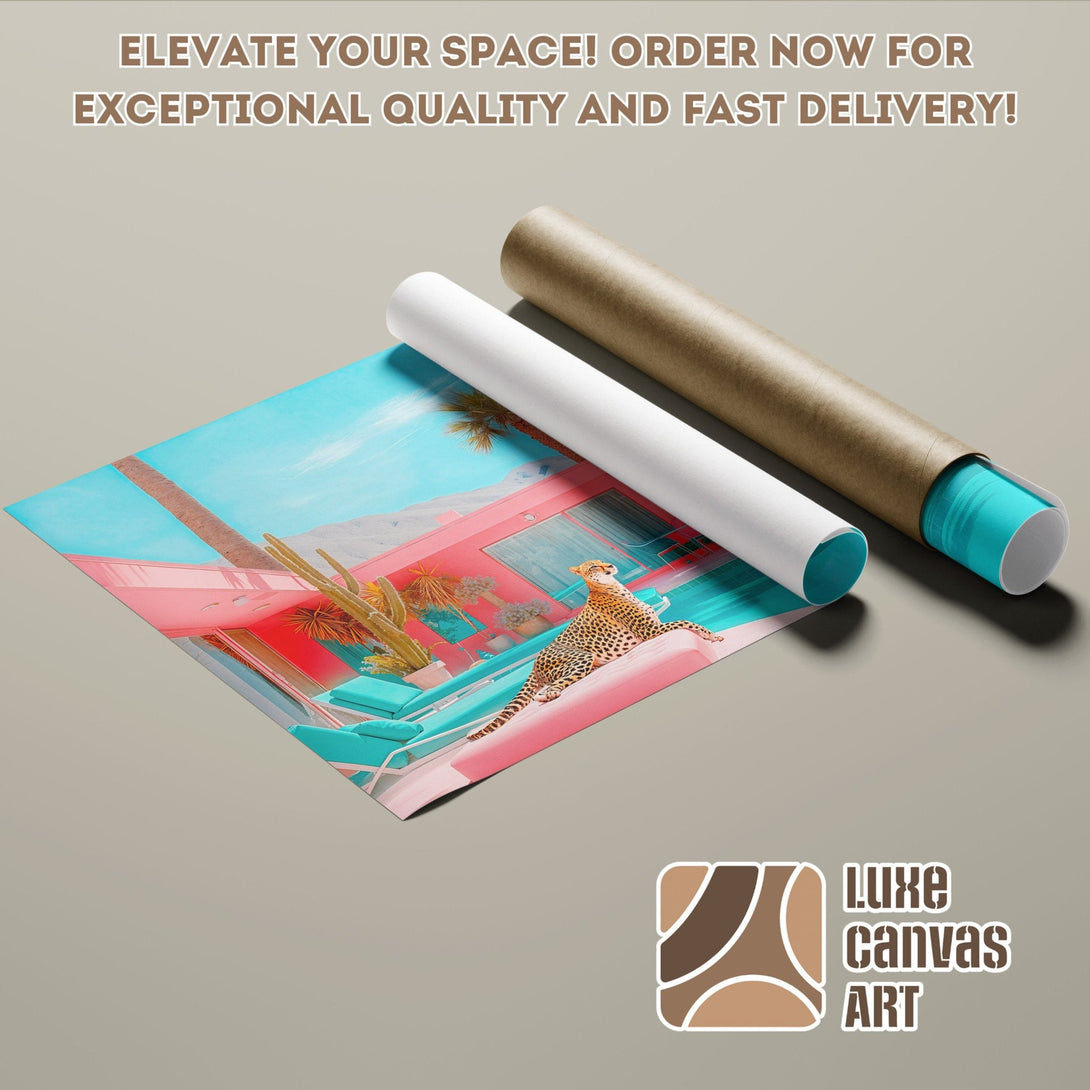 Poster Roll featuring a vibrant, retro-style artwork with a cheetah, pink, and turquoise color palette. Elevate your space!