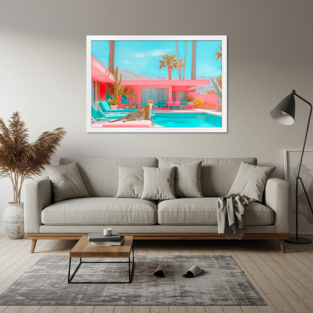 Framed Poster featuring a retro pool scene with a leopard. Vibrant pinks, blues, and turquoise create a stylish, eye-catching art piece. Elevate your space!
