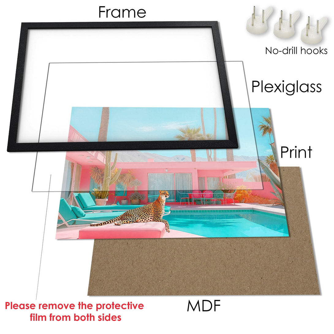 Framed Poster featuring a leopard by a pool in a retro style with a pink and teal color palette.