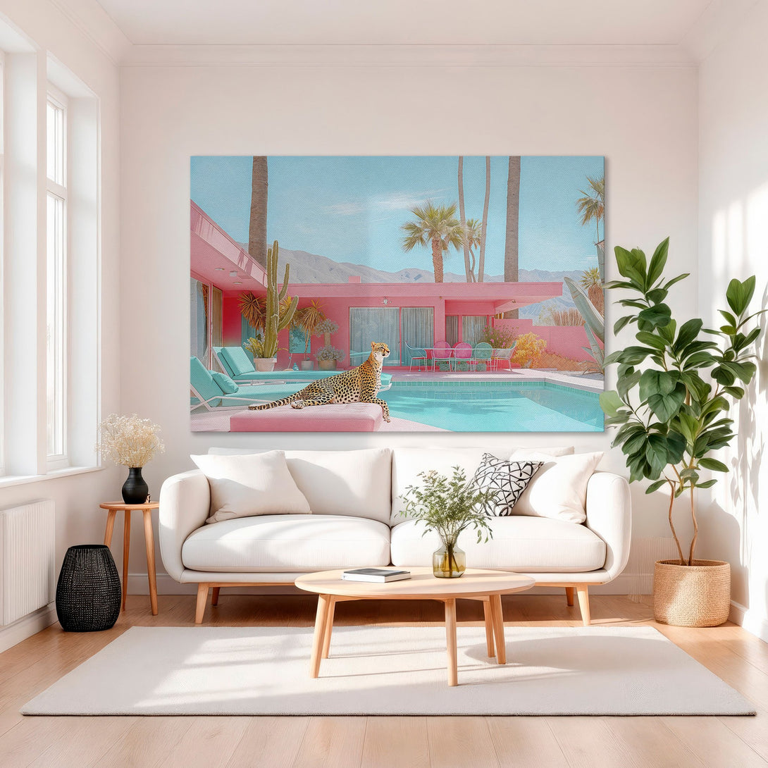 Framed Wall Art: Retro pink pool scene with leopard. Bright turquoise, pink, and gold color palette. Perfect for adding a pop of color to your space!