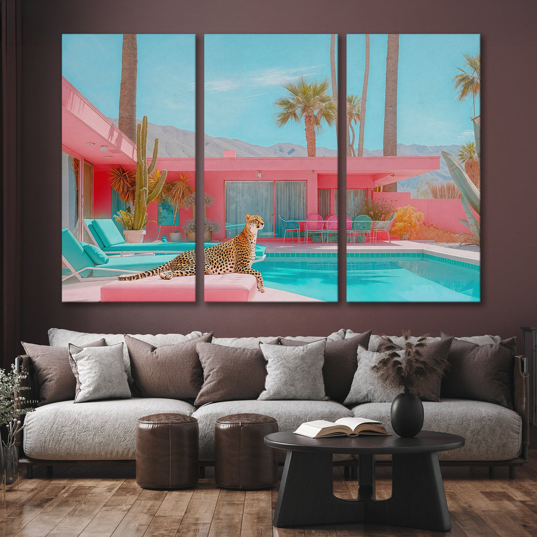 Canvas Print featuring a cheetah by a pool in a retro-chic style with a pink, turquoise, and teal color palette. Modern wall art for your home.