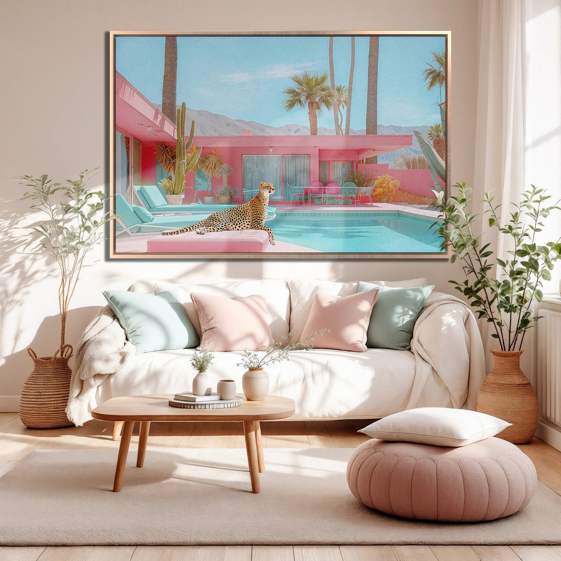 Framed Wall Art: Leopard by a pink pool in a retro-chic style. Pastel pink, blue, and teal color palette. Perfect for adding a pop of color!