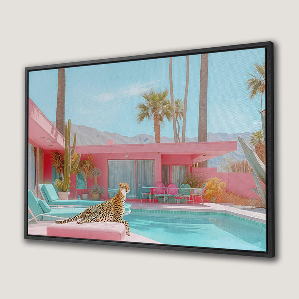 Framed Wall Art: Cheetah lounging by a pink pool in a retro Palm Springs scene. Pastel color palette, perfect for adding a pop of color to your space.