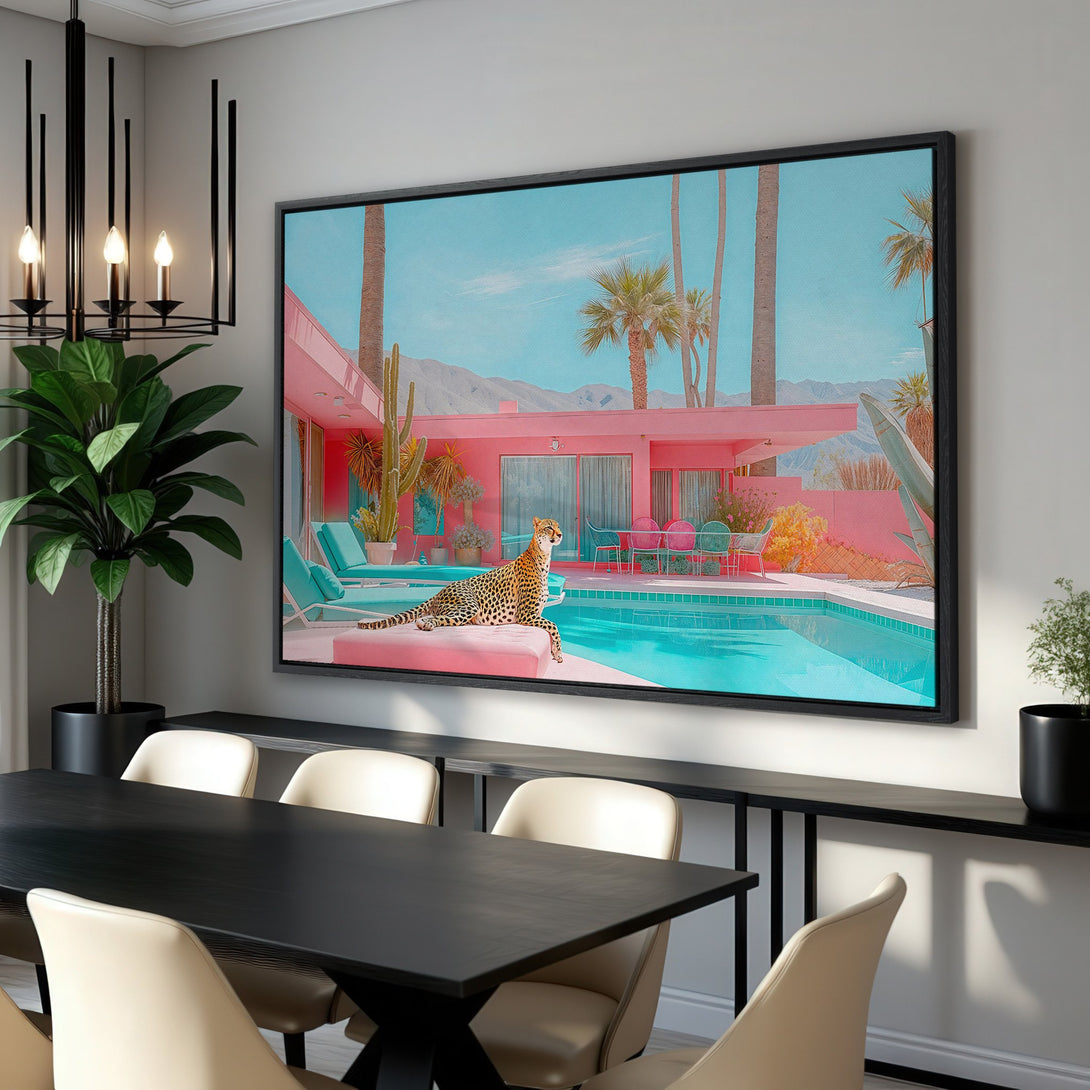 Framed Wall Art: Retro cheetah scene in a pink mid-century modern home. Vibrant teal and pink color palette, perfect for a stylish interior.