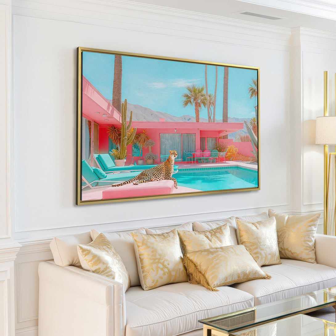 Canvas Print: Retro pink pool scene with a leopard. Pastel color palette, perfect for adding a touch of Palm Springs style to your home decor.