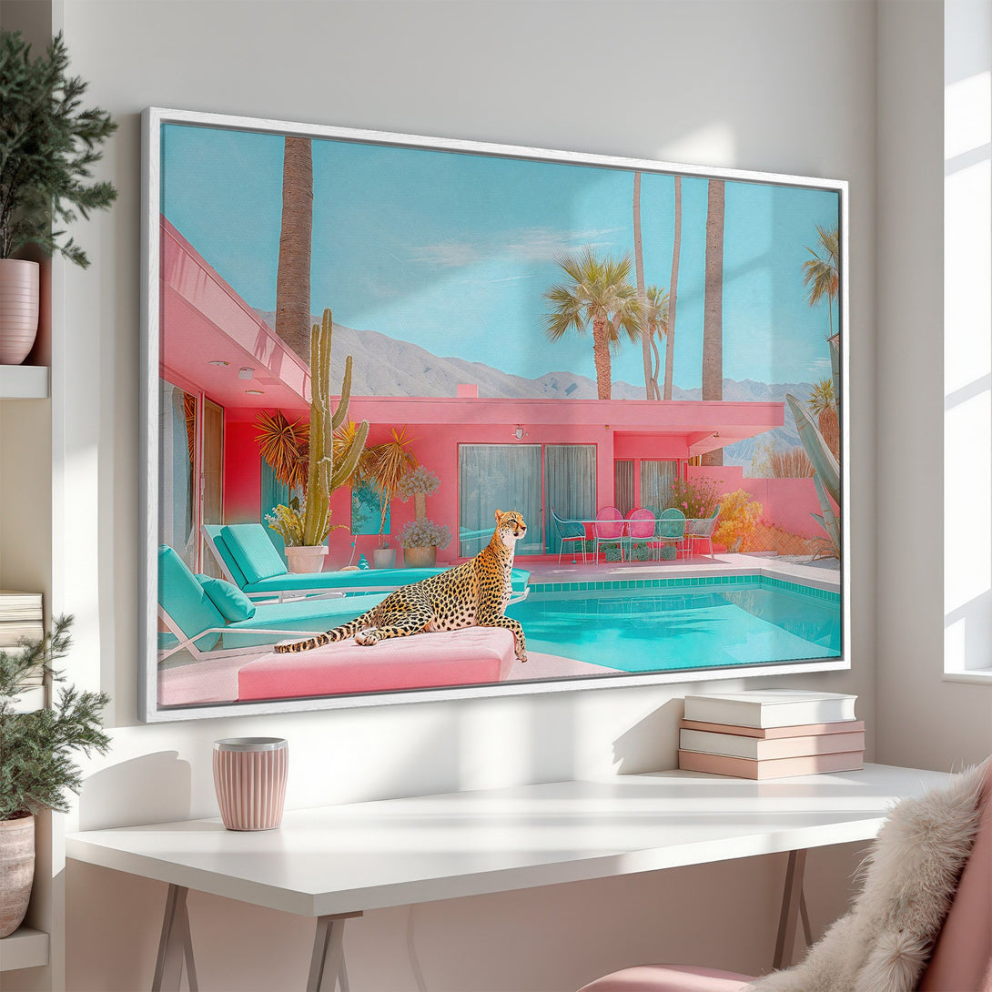 Framed Wall Art: Retro cheetah scene in pink, turquoise, and peach. Stylish Canvas Print for a pop of color!