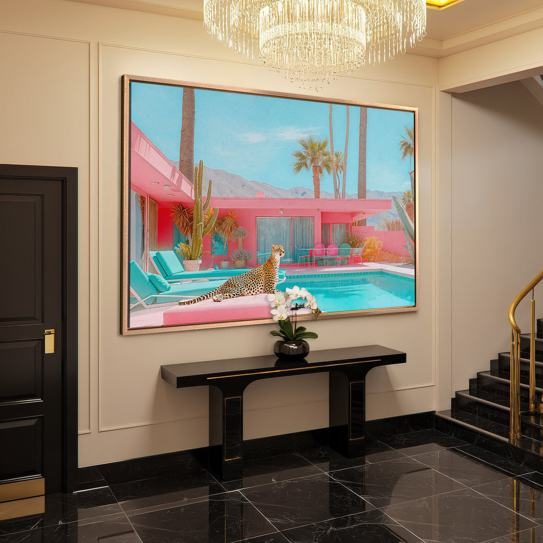 Framed Wall Art: Retro Palm Springs scene with a leopard by a pool. Pink, turquoise, and gold color palette. Perfect for a stylish interior.