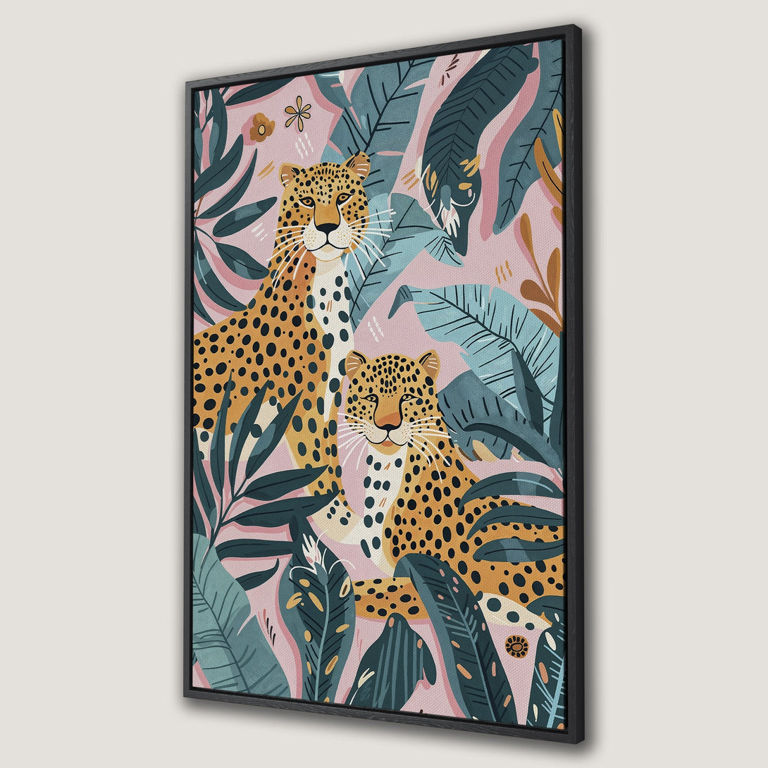 Framed Wall Art featuring a vibrant leopard illustration in a botanical style. Pink, teal, and ochre color palette adds a touch of exotic flair to any space.
