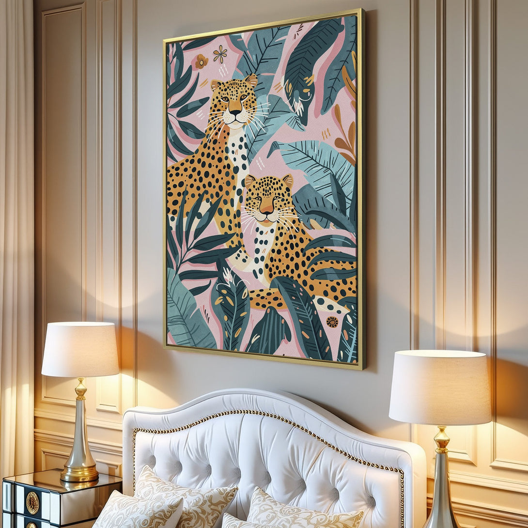 Canvas Print featuring a vibrant leopard illustration in a tropical style. Pink, teal, and yellow color palette, perfect for adding a pop of color to your home.