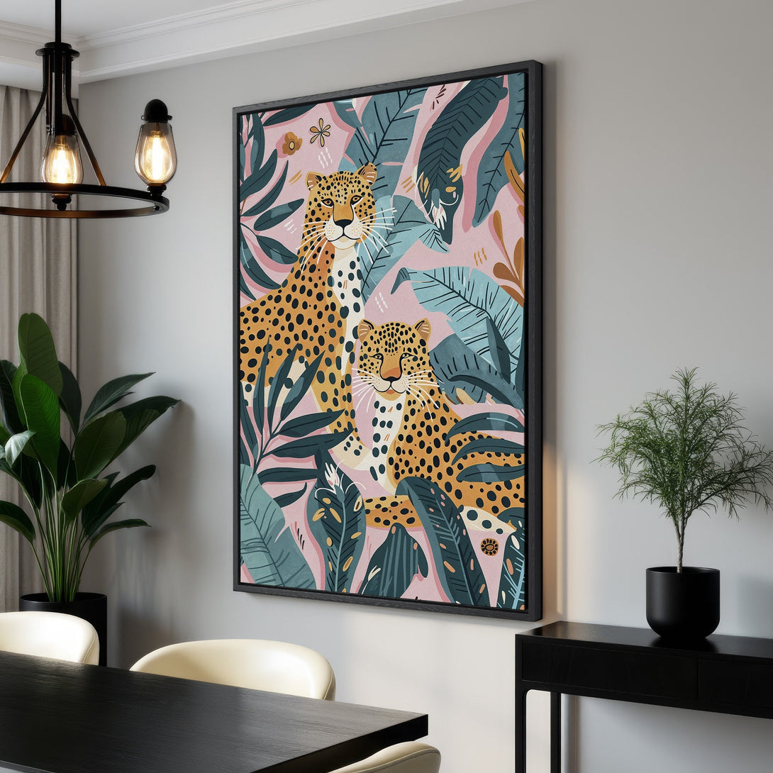 Framed Wall Art featuring a vibrant leopard print on a pink background. Modern, botanical style with teal, gold, and pink color palette. Perfect for adding a pop of color!