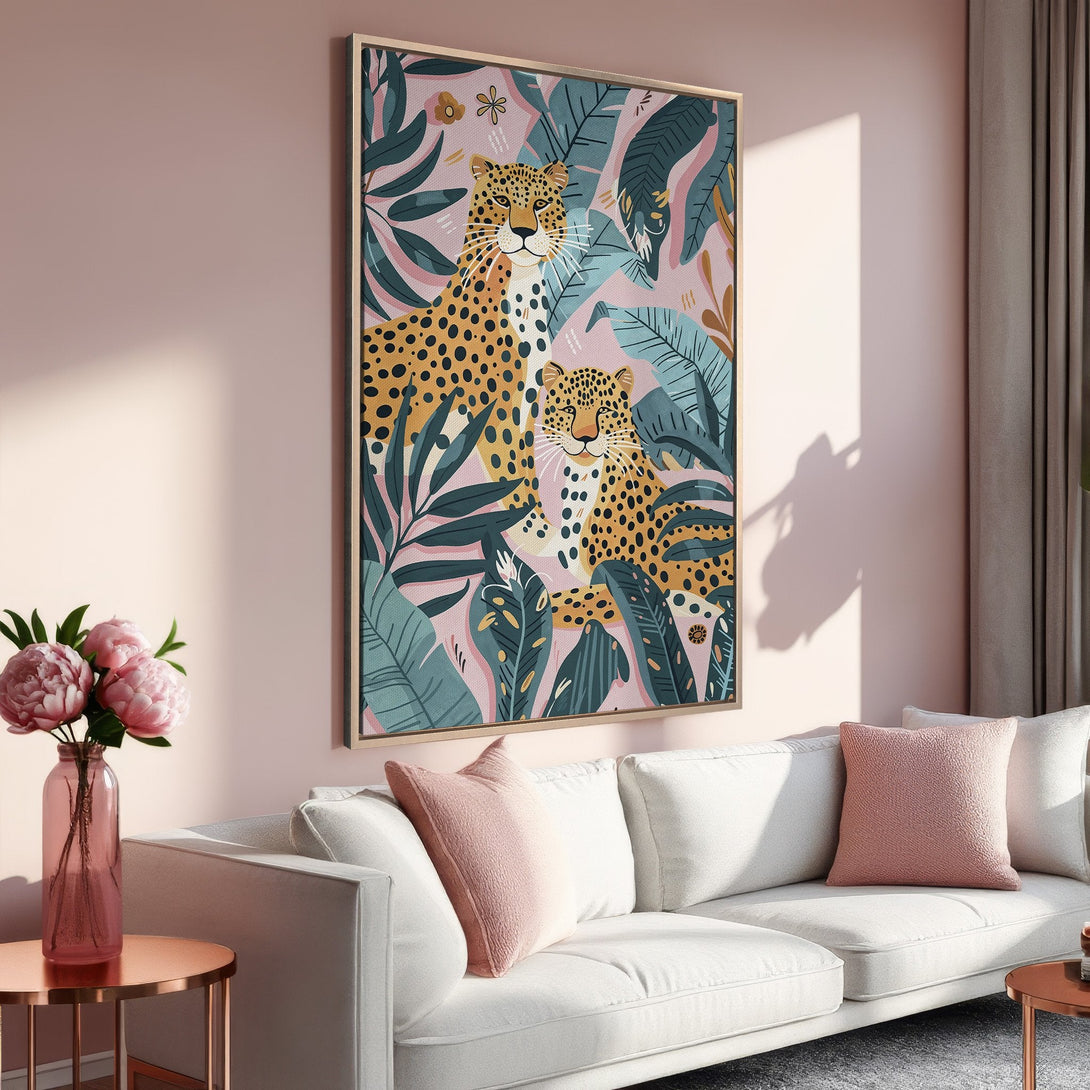 Framed Wall Art featuring a vibrant leopard print in a jungle setting. Stylish decor with a pink, teal, and gold color palette, perfect for adding flair to your living room.