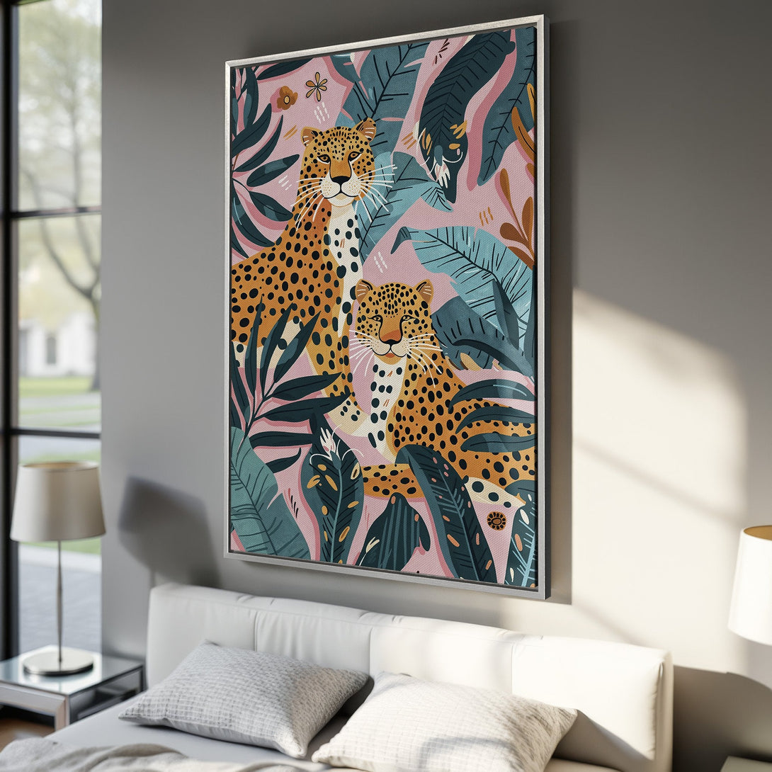Framed Wall Art featuring a vibrant leopard print design in a botanical style, with a pink, teal, and gold color palette. Perfect for adding a touch of jungle flair!