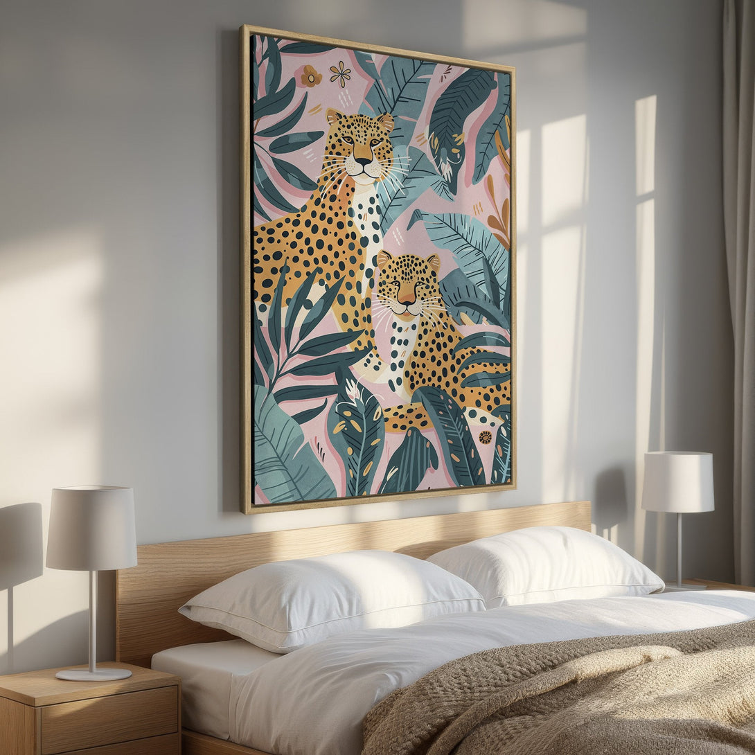 Framed Wall Art featuring a leopard illustration with a botanical background in a modern, colorful palette. Perfect for adding a touch of nature to your bedroom!