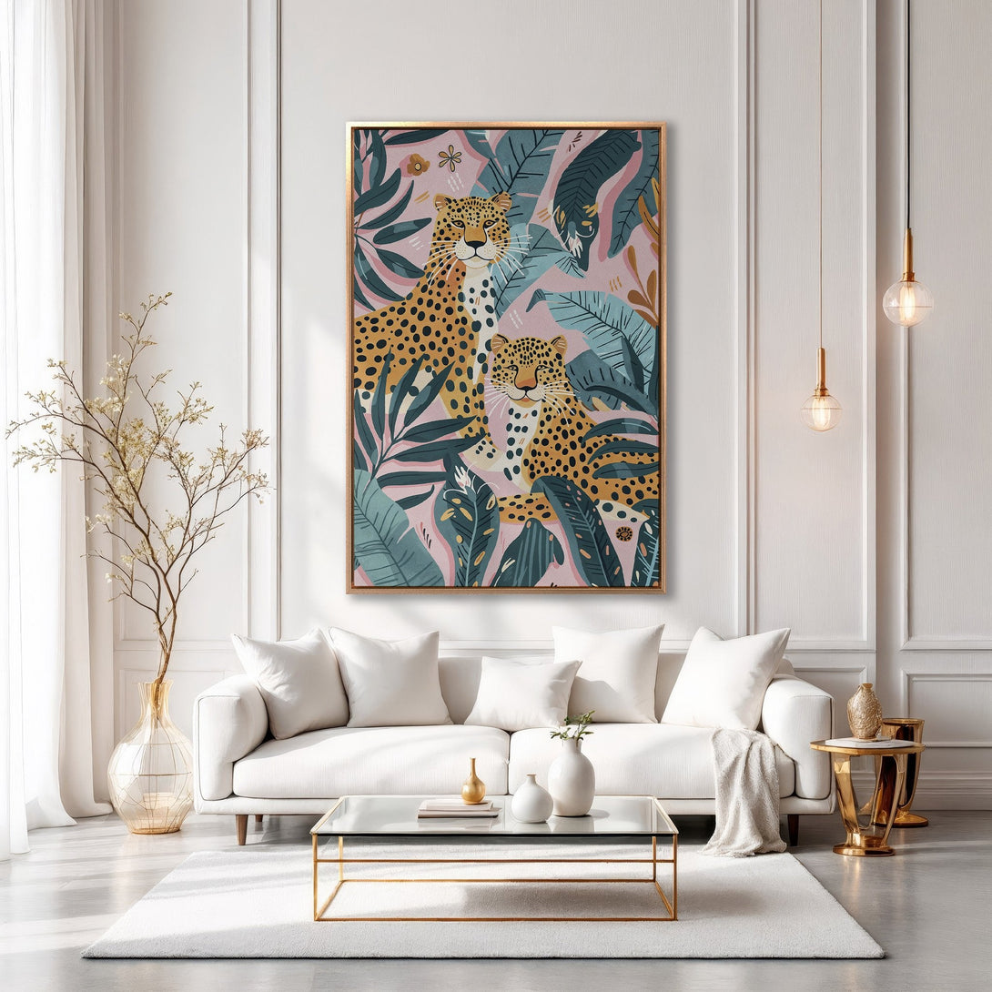 Framed Wall Art featuring a vibrant leopard print in a tropical style with pink, teal, and gold tones, perfect for adding a touch of luxury to any interior.