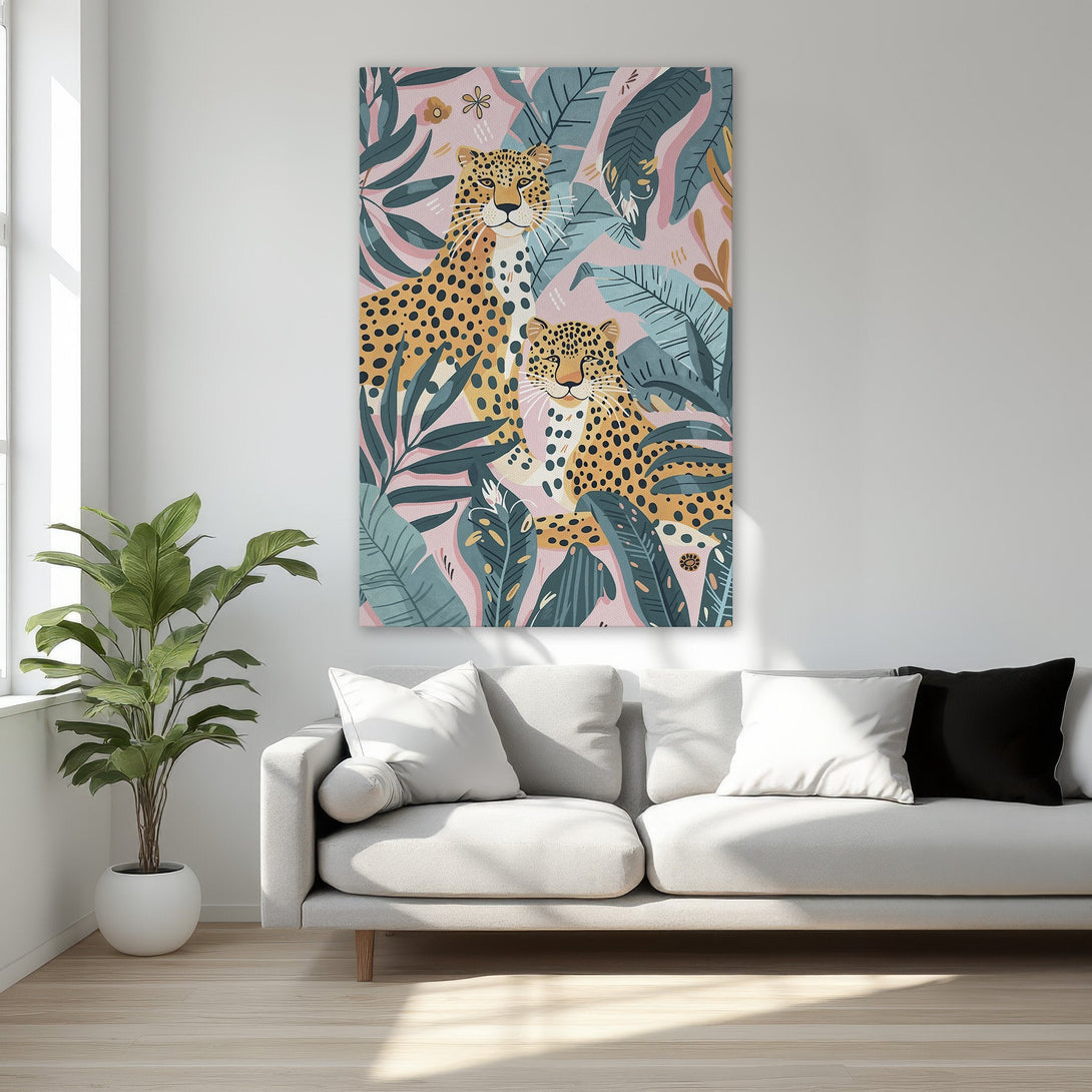Framed Wall Art featuring leopards in a jungle scene. Stylish, colorful canvas print with pink, teal, and gold tones. Perfect for adding a touch of nature to your decor.