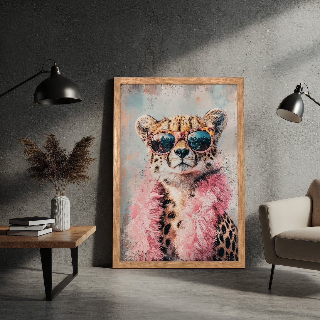 Framed Poster featuring a cool cheetah in sunglasses, with a pink boa. Modern art style, pastel color palette. Perfect wall decor.