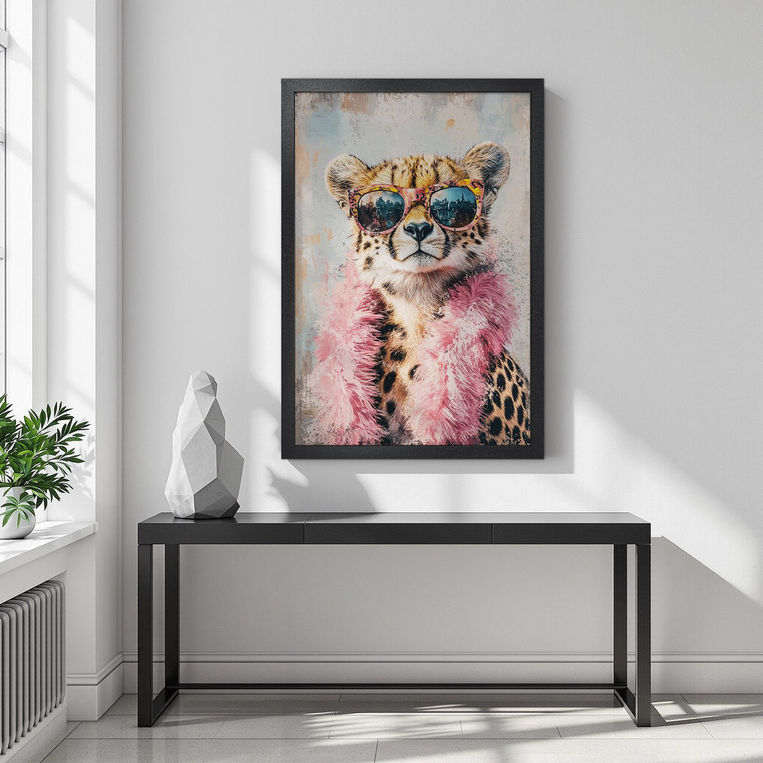 Framed Poster featuring a stylish cheetah wearing sunglasses and a pink boa, artistic style, with a neutral and pink color palette.