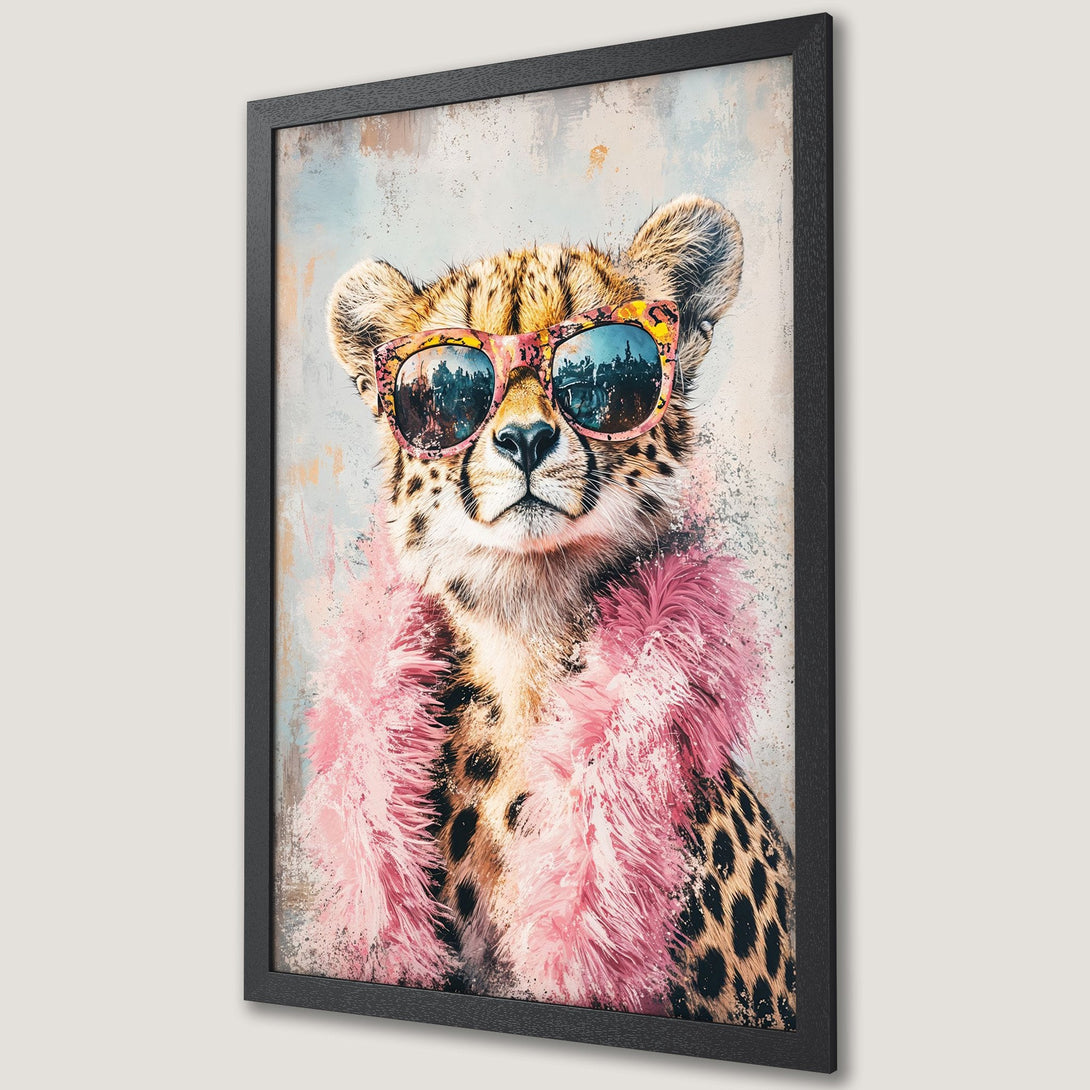Framed Poster featuring a stylish cheetah wearing sunglasses and a pink boa. Modern art print with a cool, colorful palette.