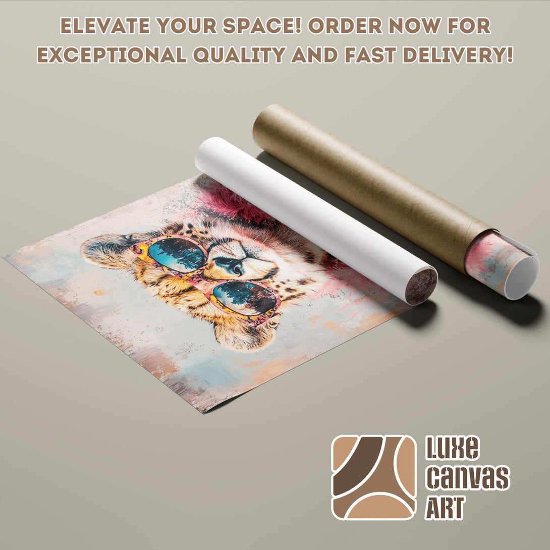 Poster Roll featuring a cheetah with sunglasses, vibrant colors, and an artistic style. Elevate your space with Luxe Canvas Art!